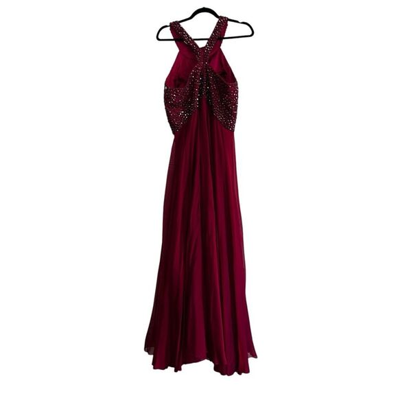 Sherri Hill Beaded Halter Back Fit & Flare Burgundy Ball Gown – Size 18 - Picture 7 of 13